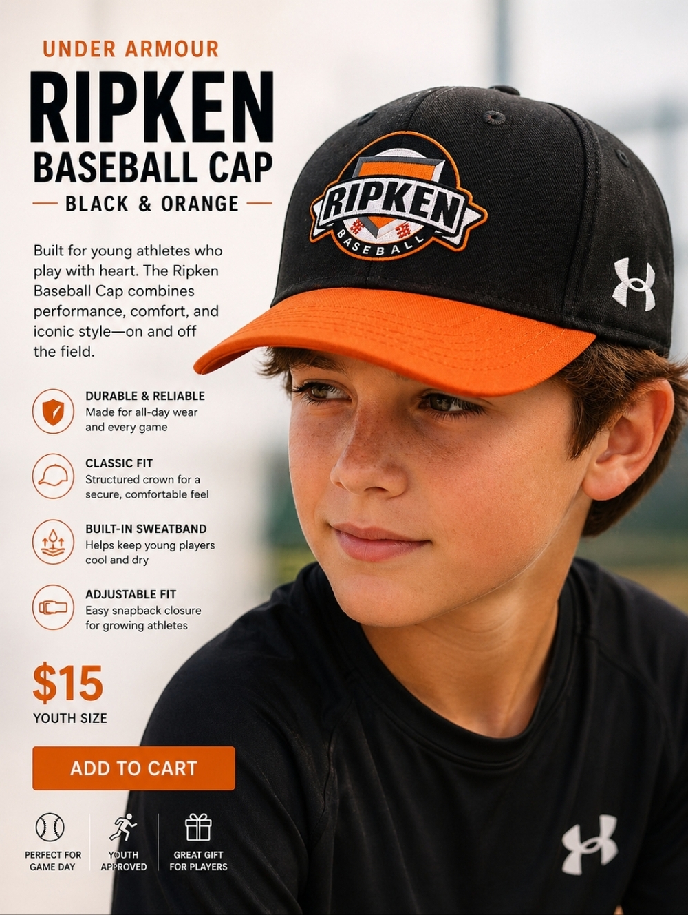Under Armour Ripken Baseball Cap in Black and Orange Youth